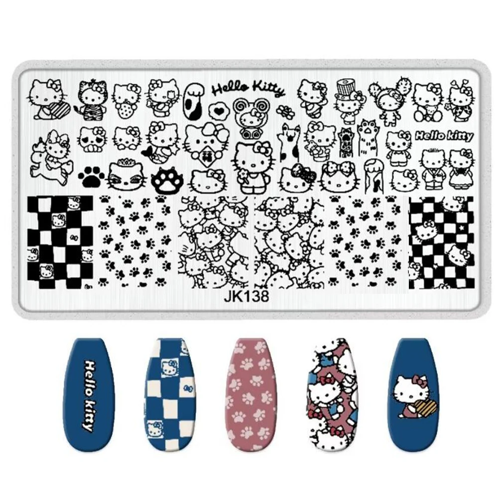 1 Uds. (6x12cm) pegatina de placa de sello de uñas de Hello Kitty 3D de acero inoxidable de dibujos animados Kitty/Kuromi sello de uñas DIY lindo plantilla de gato gatito