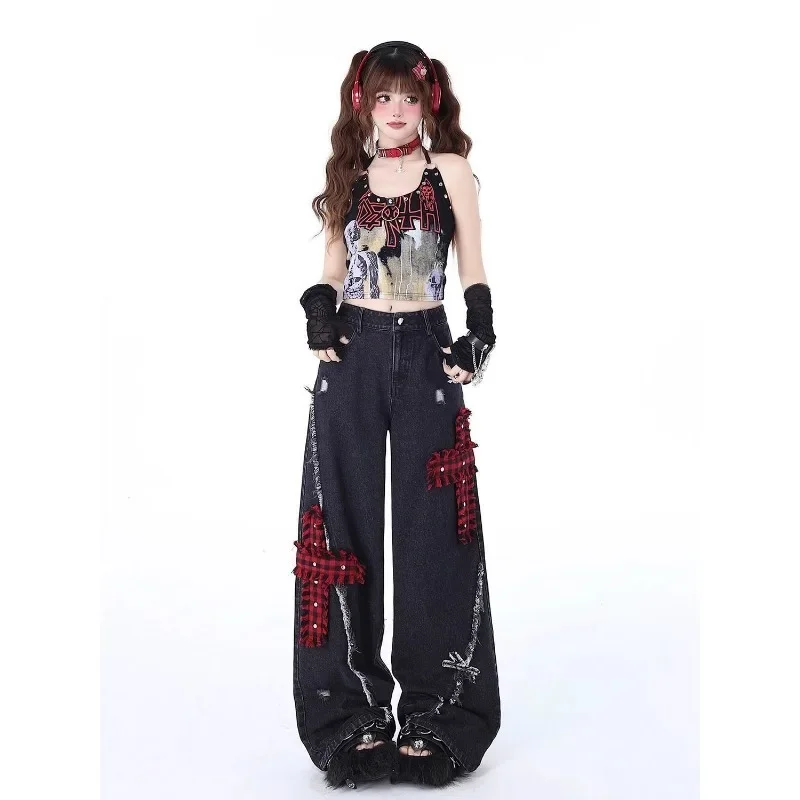 Women's Black Gothic Baggy Y2k Jeans Vintage Streetwear Cowboy Pants Harajuku Denim Trousers Aesthetic Emo Trashy 2000s Clothes