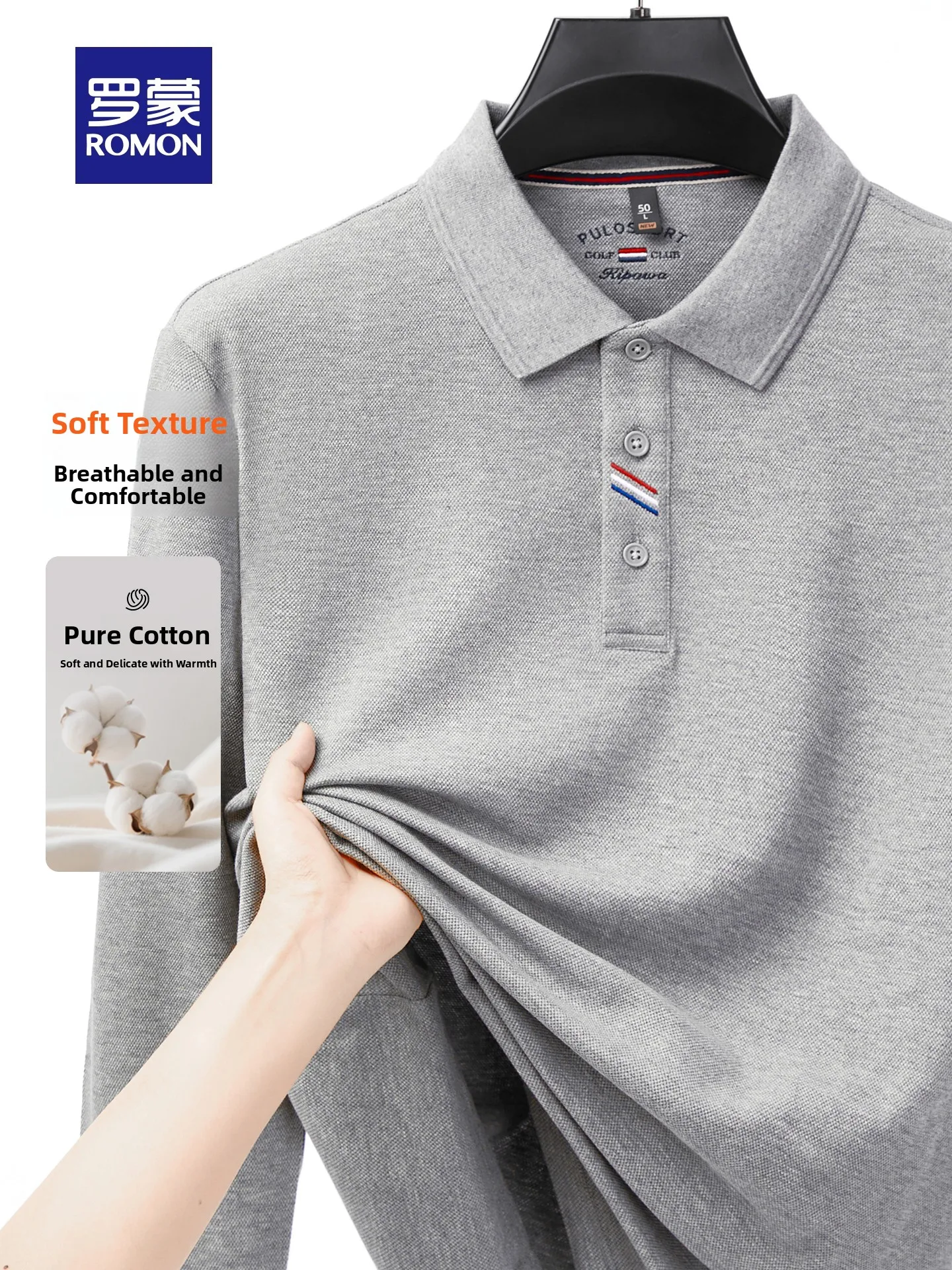 Pure Cotton Long Sleeve  Shirt for Men Casual Flip Collar T-Shirt Breathable Comfortable Mid-aged Leisure Top Romon