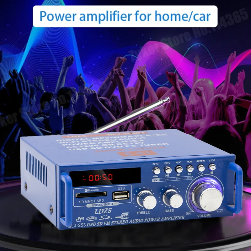 Sound Amplifier Channel 2.0 HIFI Bluetooth Amp Home Digital Audio 12V/220V AV-253for Car home Bass Treble BT Amplifiers