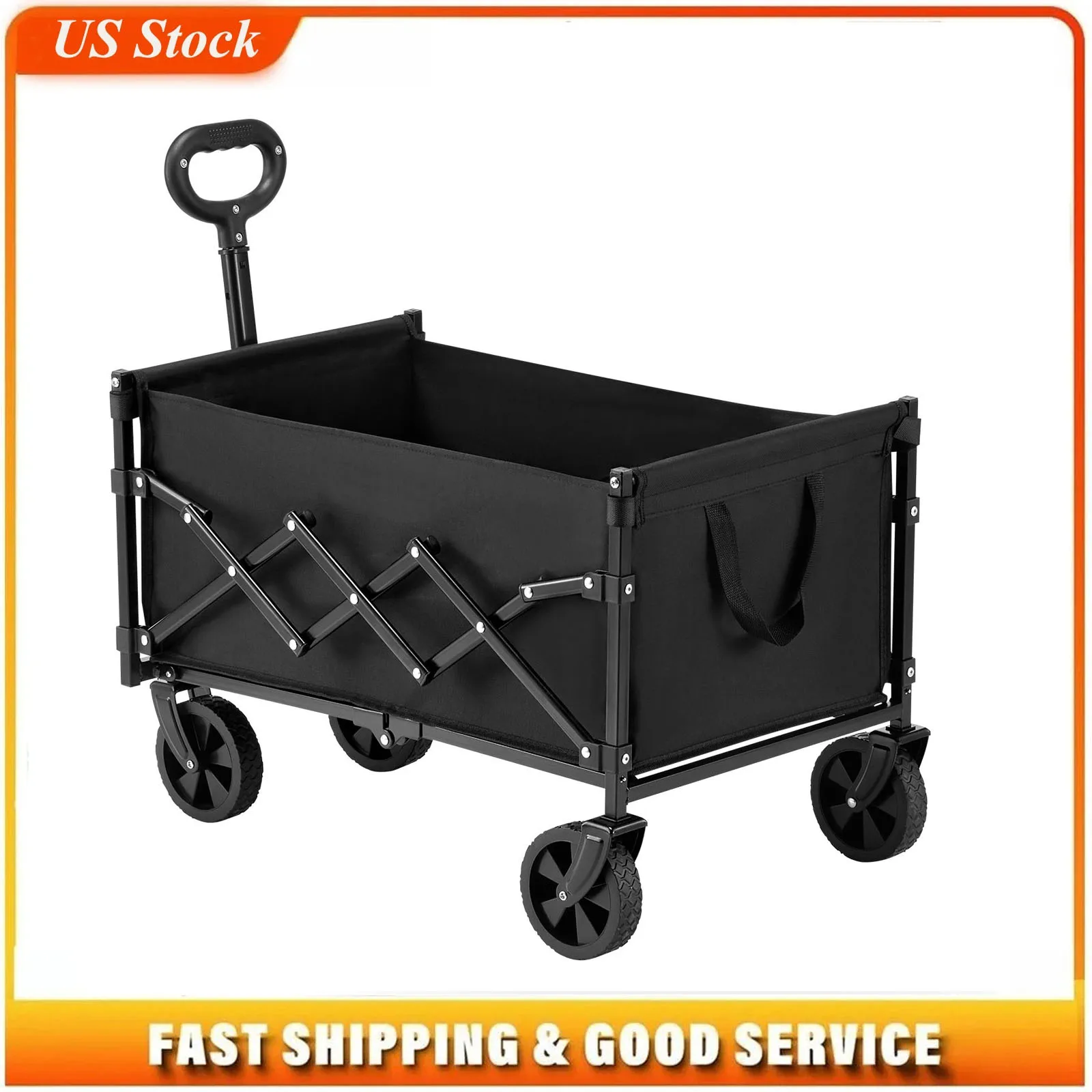 Collapsible Wagon Carts 120L & 225LBS Folding Wagons with All-Terrain Wheels, Heavy Duty Outdoor Utility Cart with Adjustable Handle, Portable Camping Cart for Beach Grocery Garden Black