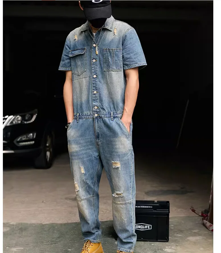 

Trendy retro workwear denim jumpsut street trendy men's jeans personalized hip-hop ripped short sleeved denim jumpsuit