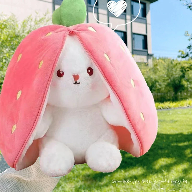 

New hot selling 23/28/35cm Cute strawberry rabbit carrot turned into Soft doll plush pillow toys Creative Bag Transform baby toy