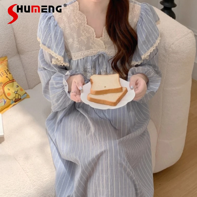 

Loose Korean Style Nightdress for Women New Striped Mid Length Sweet Pajamas Set Female Street Wear Lace Homewear Suits
