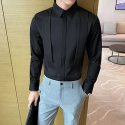 Plus Size 5XL-M Black/White New Fashion Fold Design Tuxedo Shirts 2022 Men Long Sleeve Slim Fit Casual Shirt Social Party Tops