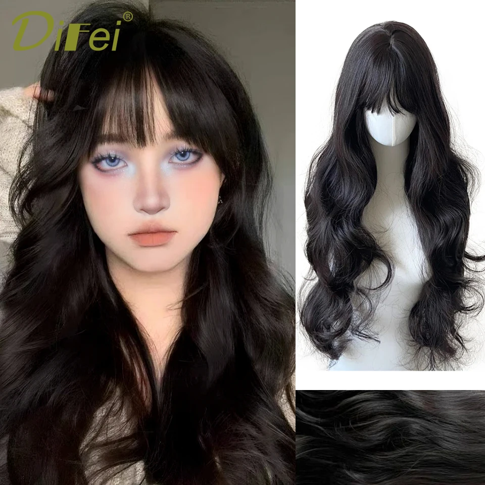 DIFEI Synthetic Wig Head Spinning Style Big Wave Long Hair straight bangs fresh Lolita Daily Holiday Big Wave Long Hair Wig