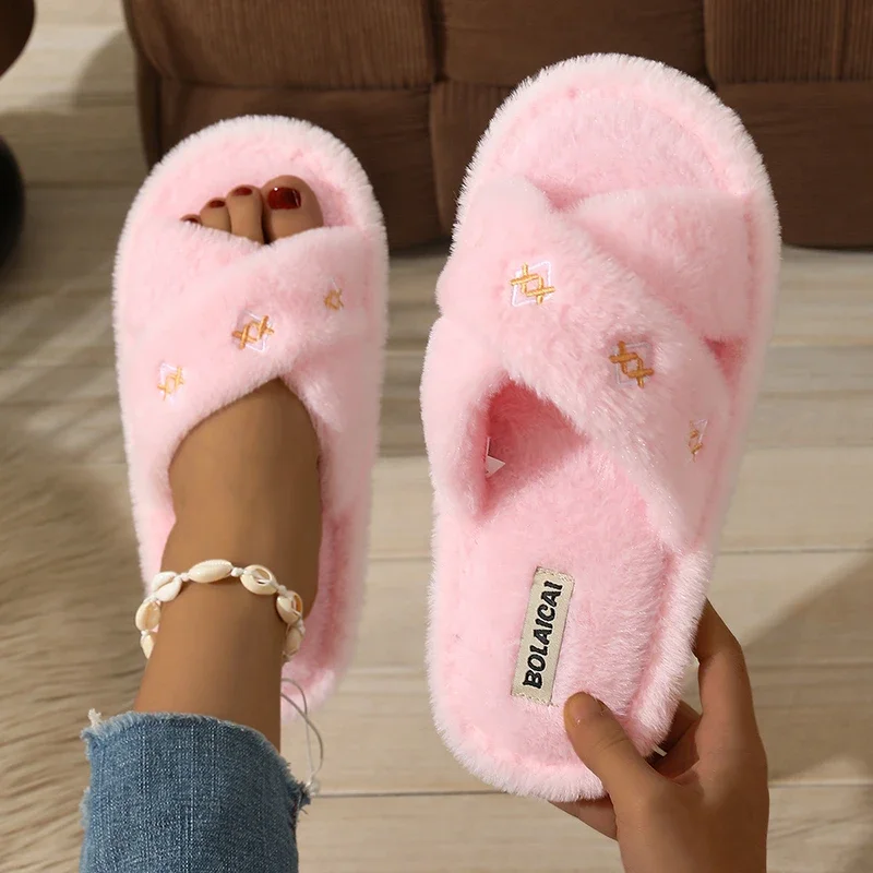 Autumn Winter 2026 Cross Strap Pink Furry Fur Slippers Women Soft Sole Fluffy Home Slippers Woman Non Slip Plush Indoor Shoes 45