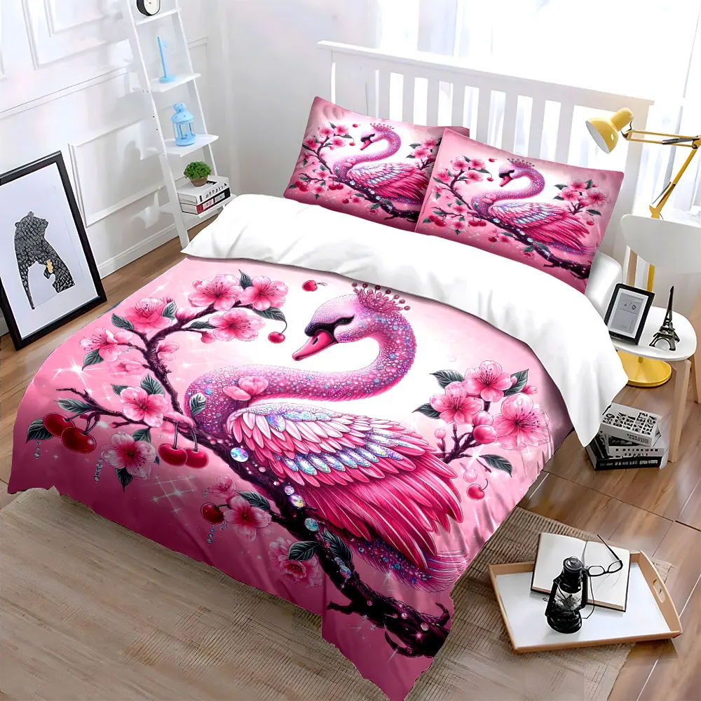 Radiant pink swan with cherry blossoms Pattern Duvet Cover Set Digital Print Colorful Polyester Bedding with Zipper Closur