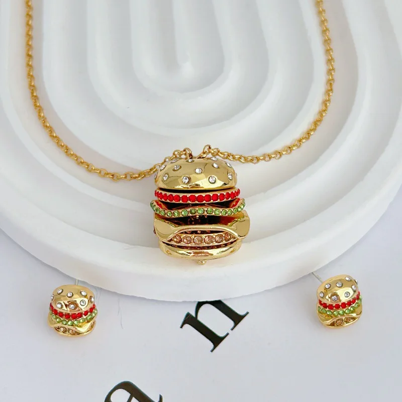 

HQ Fashion Burger Jewelry Set Cute Interesting Trend Full Diamond Earrings Necklaces for Women Pendant for Girls Fine Jewelry