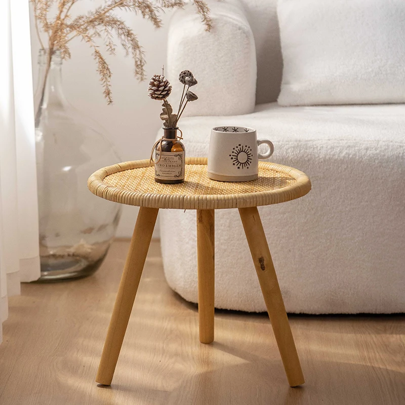 Wooden Woven Side Table Mobile Small Round End Table Minimalist Tea Table Ideal for Bedroom Balcony