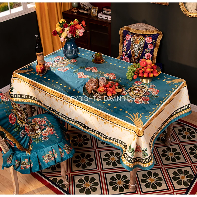 DAVINRICH Pastoral Countryside Style Velvet Table Cloth Delicate Blooming Floral And Roaring Tiger Design Tablecloth Retro Blue