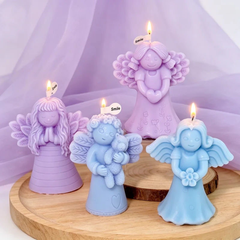 Angel Hugging Teddy Bear Silicone Candle Mold Cherub Bear Flower Heart  DIY Aroma Resin Soap Plaster Mould Baby Shower Home Dec - view 3