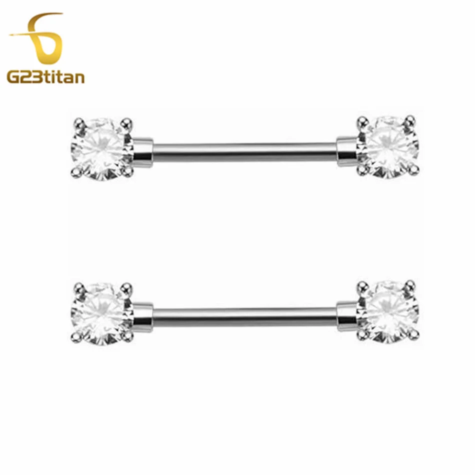 2pcs Women Sexy Jewelry 14G Bright Zircon Nipple Rings Straight Barbell Surgical Steel or Titanium Piercing Bar Beach Accessory