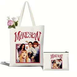 2pcs Maneskin Print Tote Bag Set, Lightweight Burlap Shopping Bag, Portable Travel Beach Bag with Makeup Bag