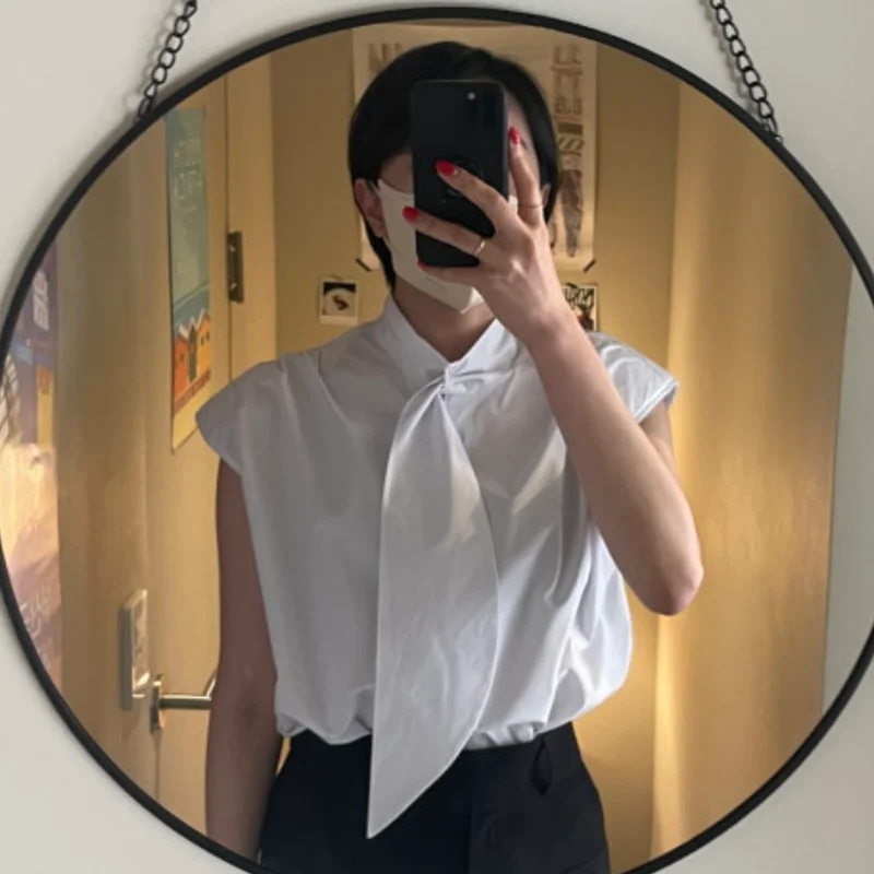 

Elegant Short Sleeve Shirt with Knot Neck Design And Draped Belt Versatile Base Layer Korean Style Women's Fashion Spring Autumn
