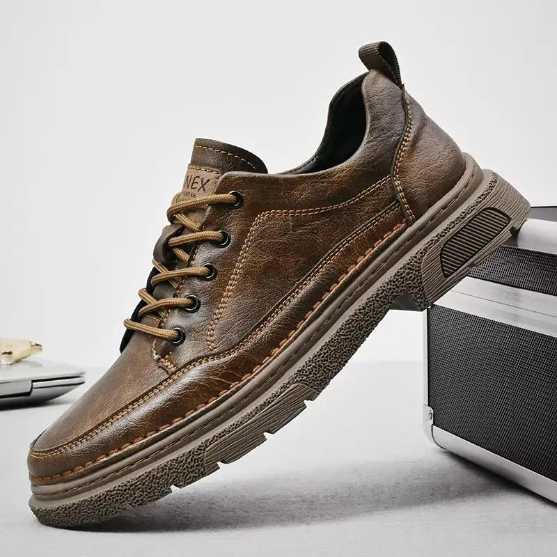 

Men's Spring Autumn New Leather Big Size Casual Shoes Thick Sole Non Slip Waterproof Low Top Lace Up High Quality Work Shoes