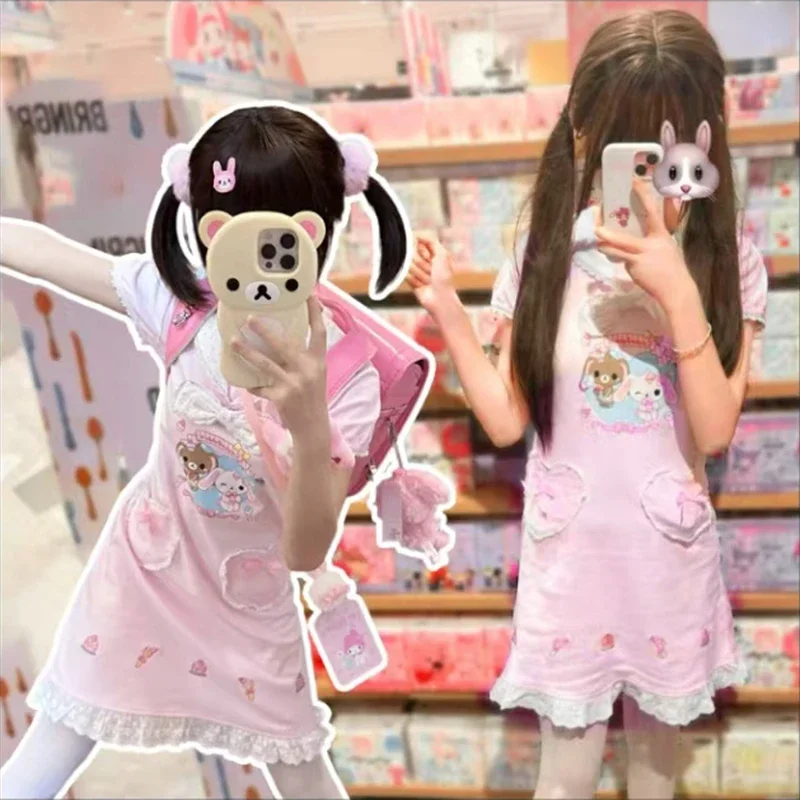 Robes Lolita brodées pour femmes et filles, robes courtes mignonnes, robe imprimée de dessin animé rose japonais, Kawaii, Sweet Y2K, été 2024