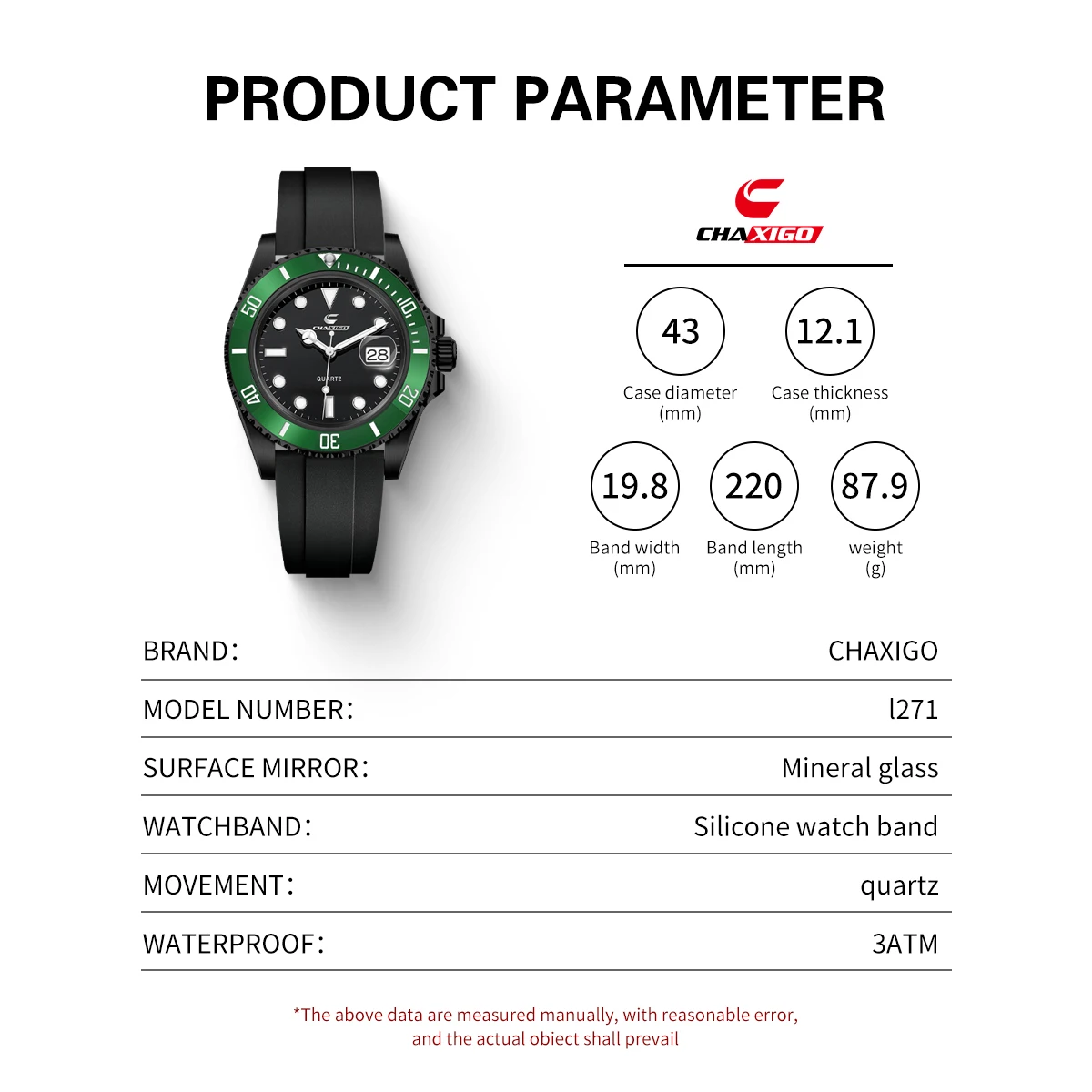 ساعة كوارتز عصرية جديدة للرجال من CHAXIGO تتميز بحزام سيليكون ومينا زجاجية معدنية مقاس 43 مم ومقاومة للماء اليومية #5
