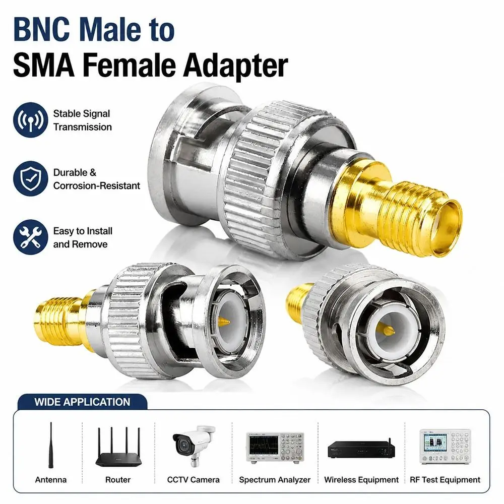 Metal BNC to SMA Adapter Male to Female Straight BNC Male Adapter Bayonet Coupling Threaded Connection SMA Female Adapter