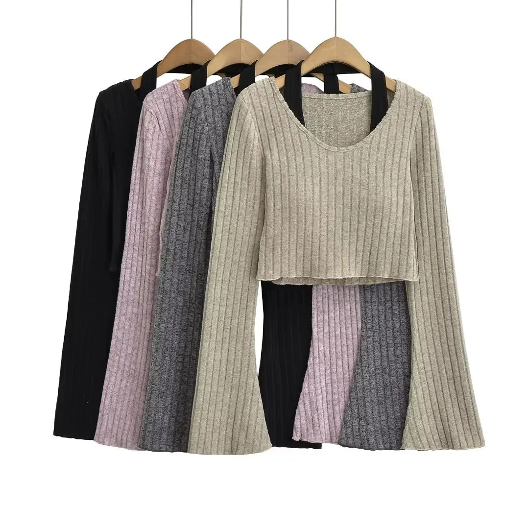 홀터넥 티셔츠 긴팔 슬림핏 티셔츠 브이넥 벨슬리브 매혹적인 티셔츠 섹시 캐주얼 한국 스타일 블라우스!