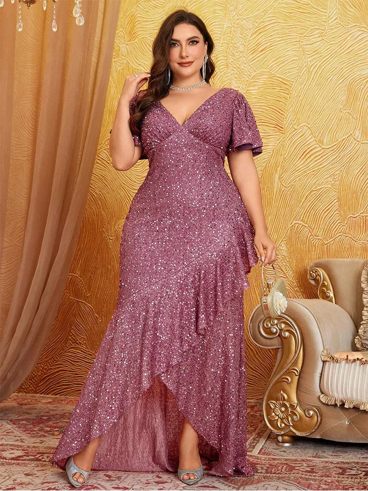 Plus size V-neck short sleeve pink multicolor banquet ruffle floor-length evening dress 2024 for Women image 4