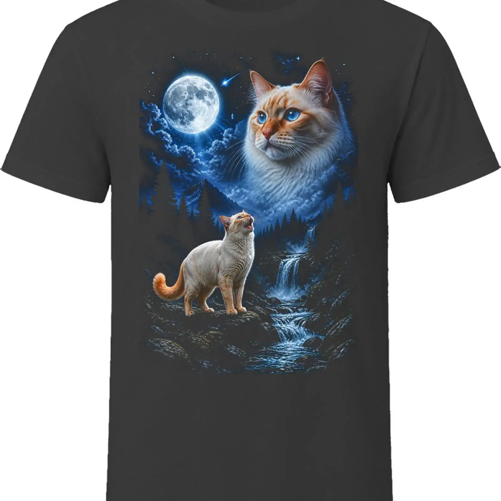 Flame Point Cat Howling at the Moon Moonlight Night Sky T Shirt vintage Washed Casual Slightly Breathable homme graphic Soft