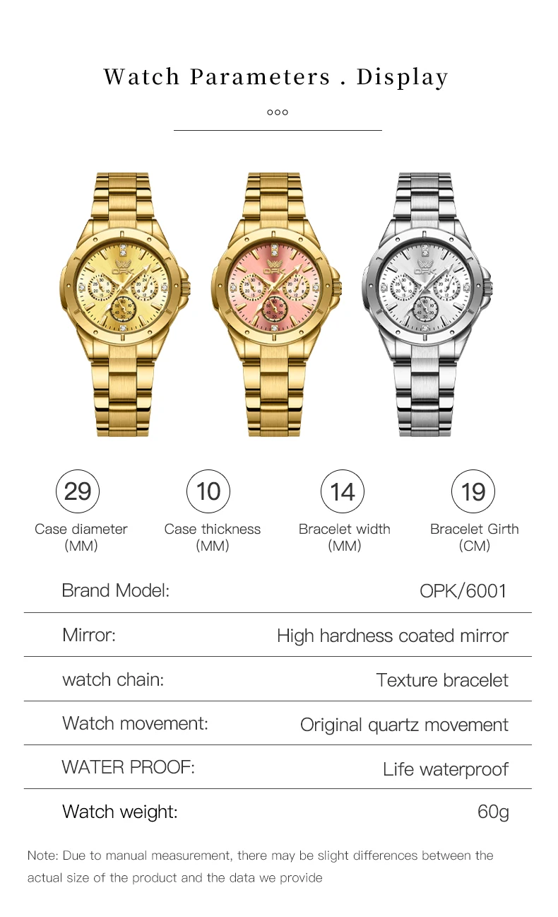 OPK Elegant Ladies Watch Luxury Chronograph Calendar Diamond Gold Watch Stainless Steel Waterproof Quartz Watch for Women Gift