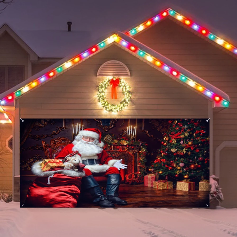 Gift Giving Santa Claus Garage Door Banner Christmas Party Large Outdoor Patio Fence Decoration Xmas Background With Hooks