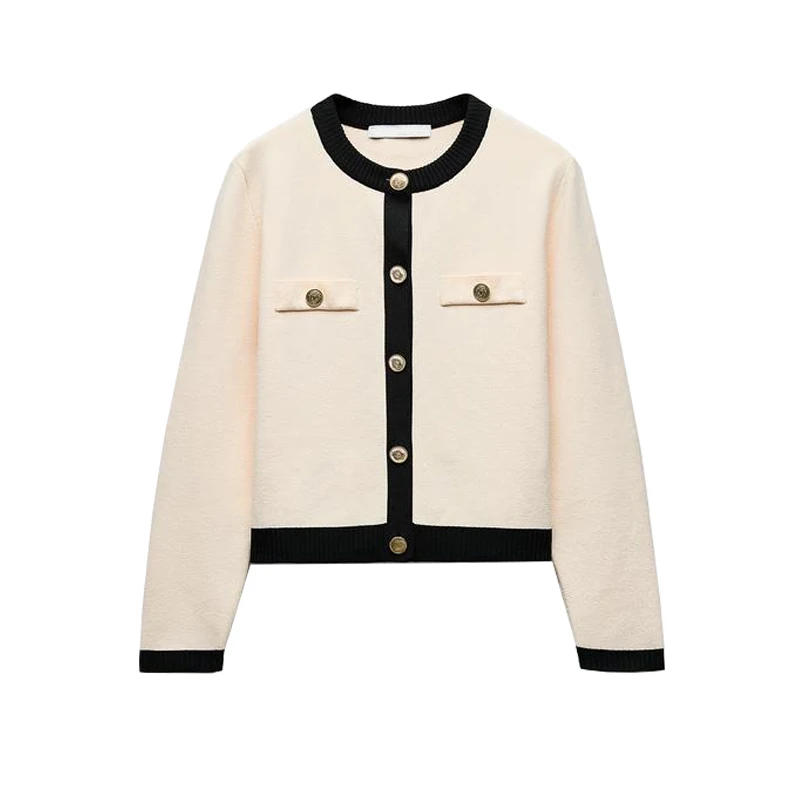 Primavera nova chegada feminina de malha longa sve redonda ne outerwear botão ouro design fibra poliéster casual doce sle