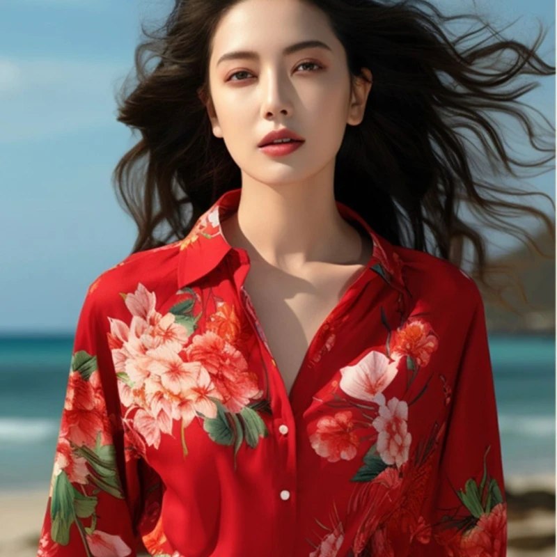 Spring and Summer Colors Chinese Style Northeast Big Flower Top Design Sense Niche Red Women\'s Printed Shirt Women\'s Floral Prin