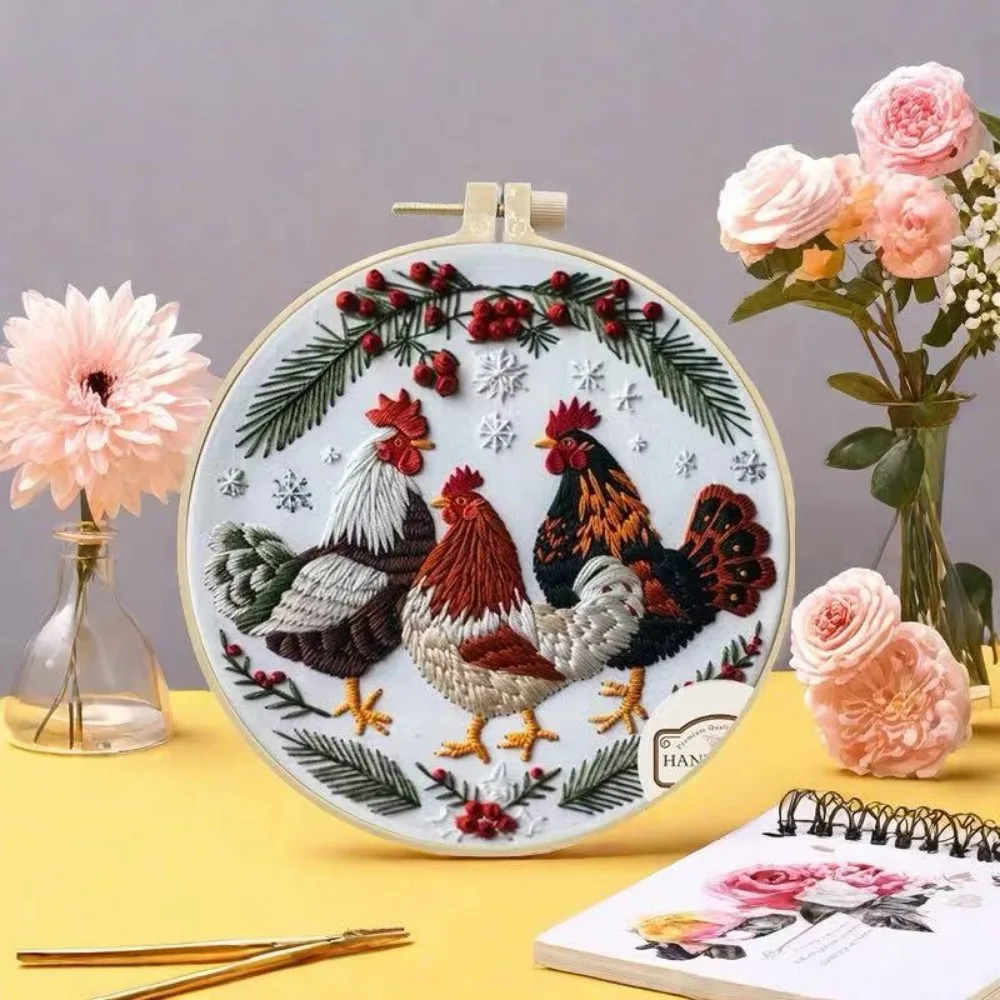 1PC of 3 rooster patterns Christmas embroidery diy handmade material package kit, beginner handmade creative embroidery mater