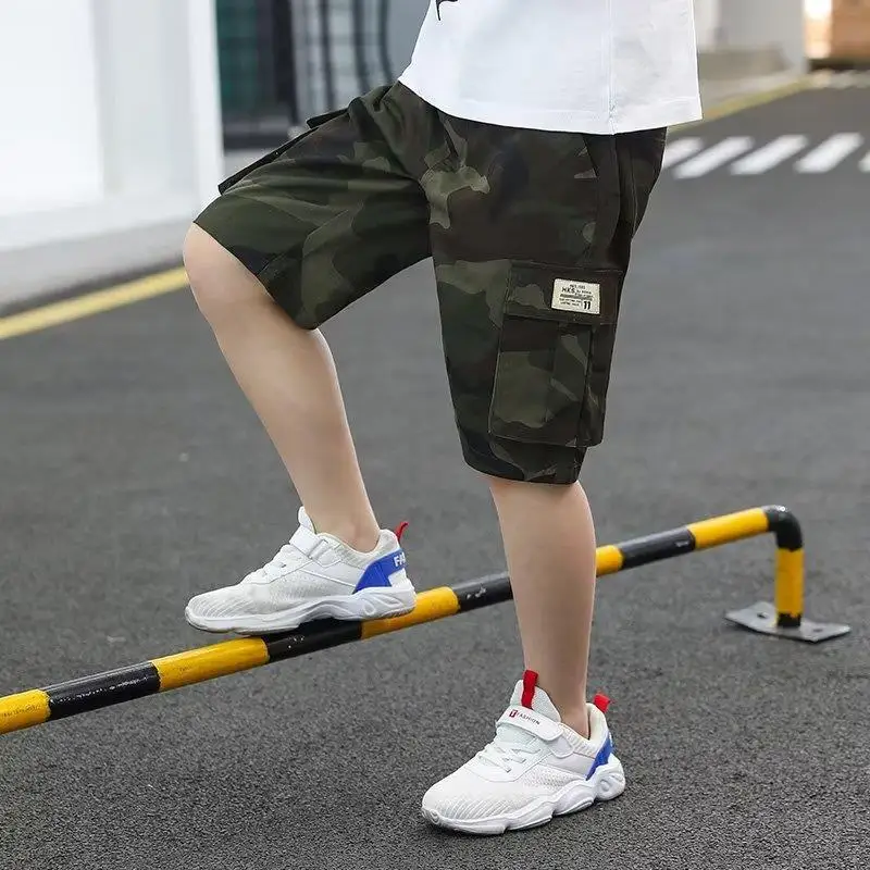 Summer Camouflage Shorts Children Wear Knee Length Pants for Boy Elastic Cotton 6 12 14 Years Teenager Loose Casual Cargo Pants
