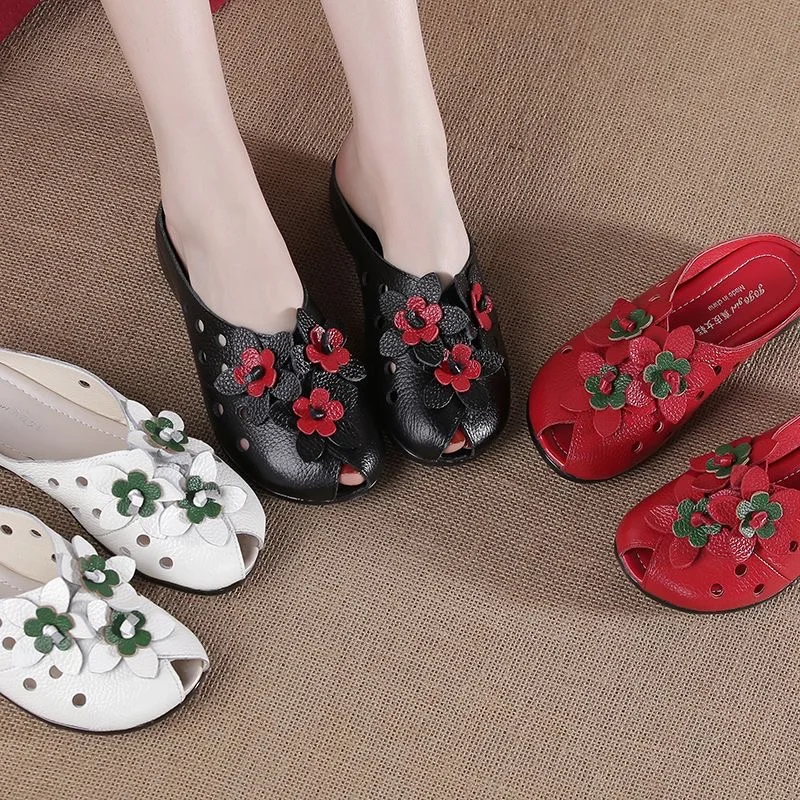 Summer Fashion Women Flat Heel Sandals Fashion Genuine Leather Handmade Flower Women Flat Heel Sandals Slippers Mother shoes
