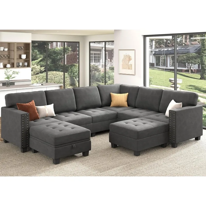 Velvet Modular Sectional Sofa, L Shaped Sofa Couch with Storage Top Tray Ottoman U Shape Sectional Couch for Living Room, Grey