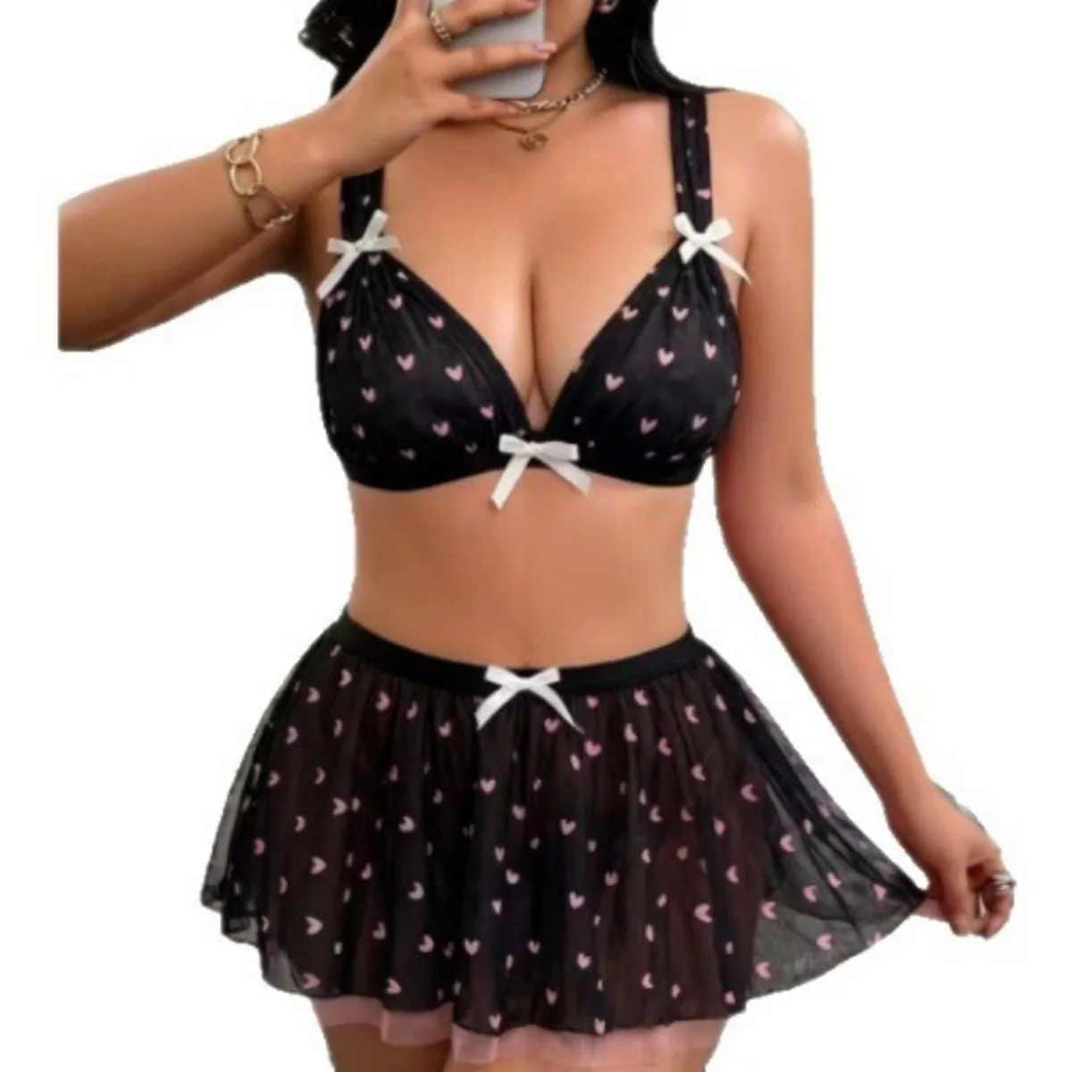 Black Heart Print Mesh Two Piece Bow Lingerie Set Featuring Sheer Skirt And Adjustable Straps For Romantic Nights And Date