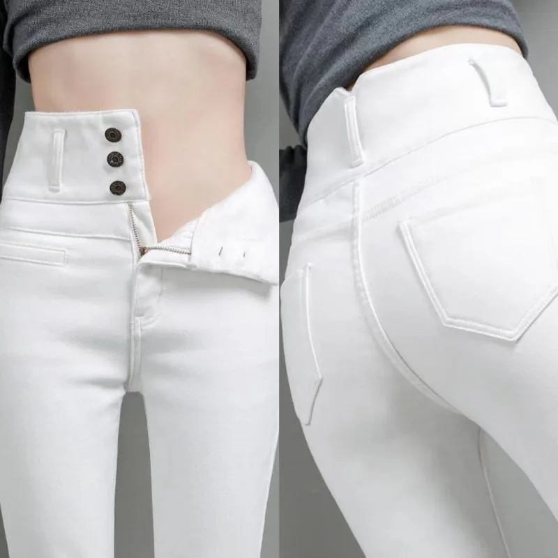 Plus Size 5XL High Waist Button Skinny Jeans White Black Pencil Pants Women Large Size Denim Leggings Leggings Slim Chic New