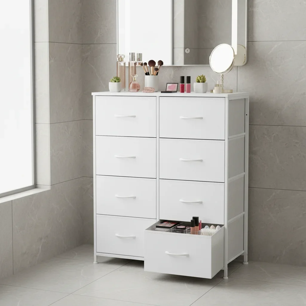 خزانة قماش ذات 8 أدراج مع سطح من الخشب الريفي، منظم خزانة عريض طويل القامة لغرفة النوم والحضانة والنوم، أبيض