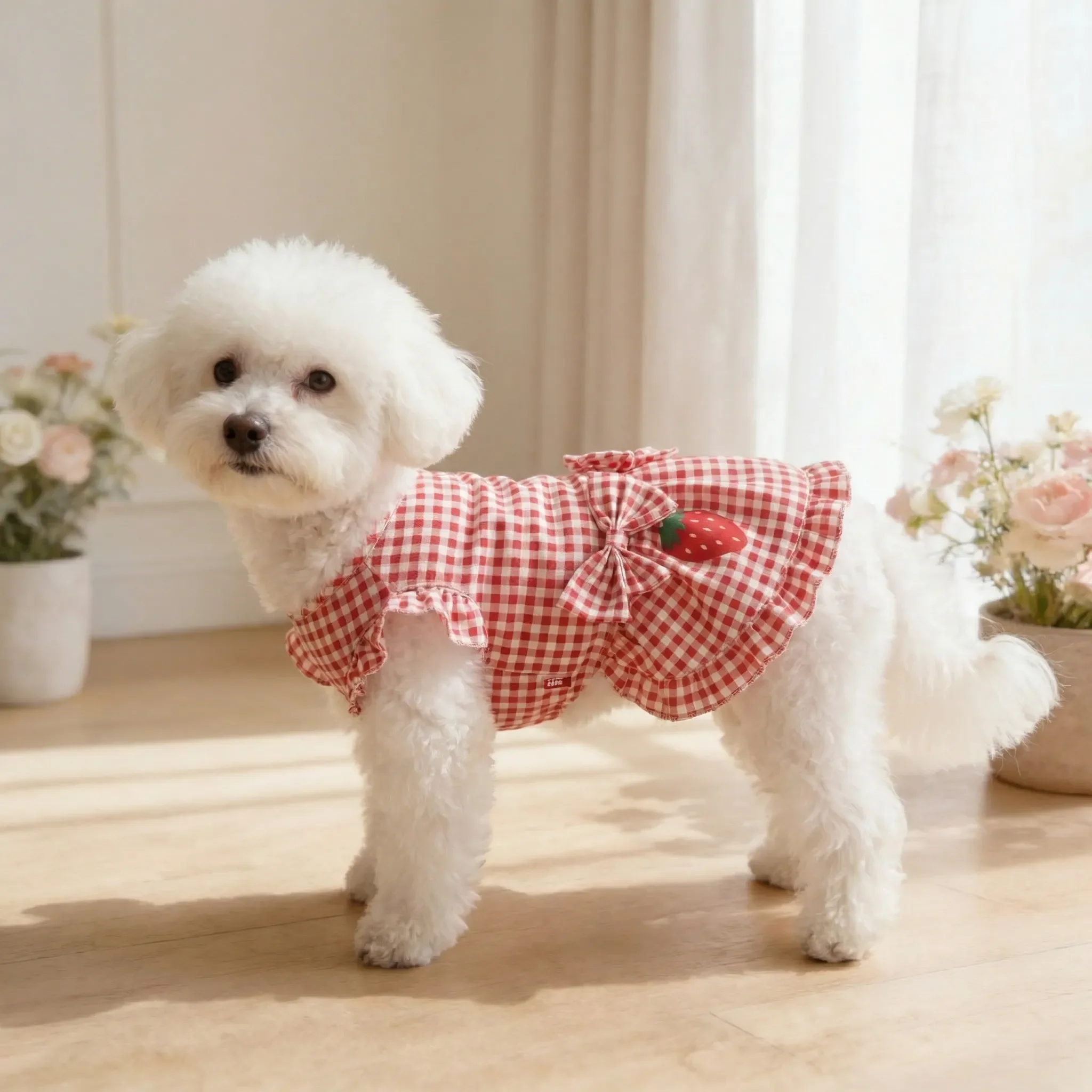 Vestido a cuadros rojo y blanco con fresas para perros y gatos - imagen 5