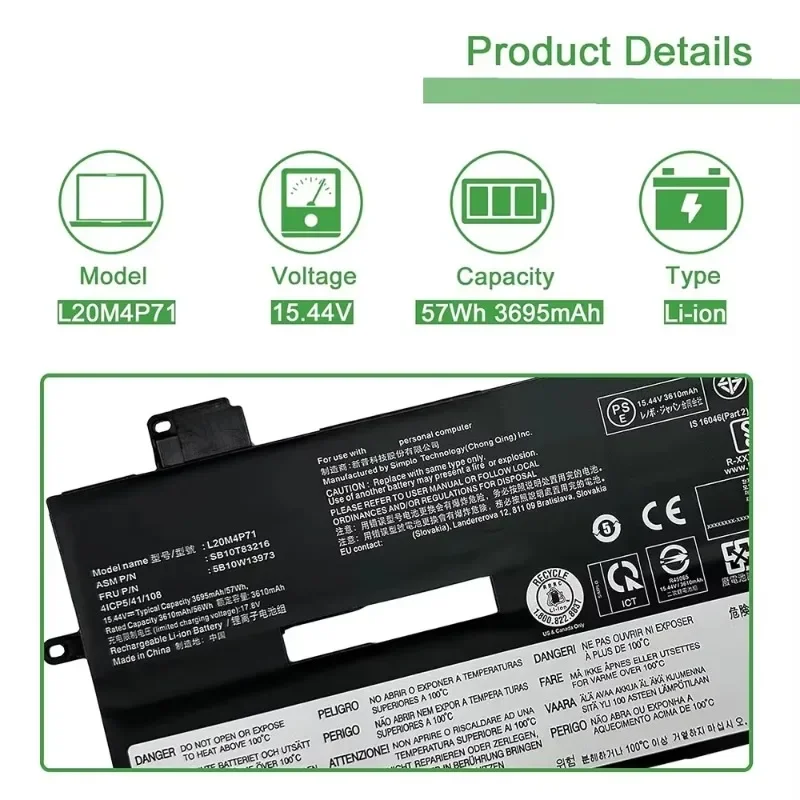 Baterai Laptop L20M4P71 untuk Lenovo ThinkPad X1 Carbon 9/10th Gen X1 Yoga 6/7th Gen TP00128A TP00129A L20C4P71 L20L4P71 L20D4P71