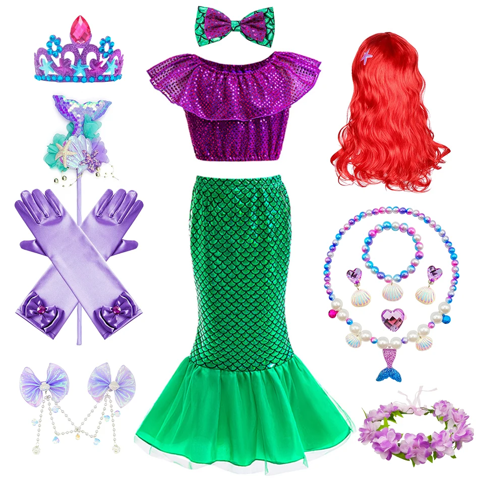 Mermaid Cosplay Costume for Children, Princess Fishtail Dress, Ariel Costume, Mesh Gown, Charm Clothes, Birthday Party, Sequin, Girls, Kid, Ariel