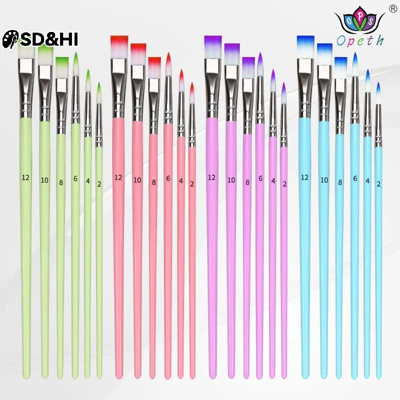 6pcs Professional Artist Paint Brushes Set Nylon Round Pointed Flat Tips Multicolored Paint Brush
