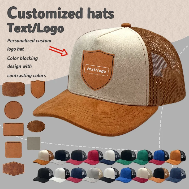 Casquette de baseball personnalisée en cuir PU avec logo imprimé, en daim color-block, pour hommes et femmes, réglable, en maille, style camionneur, pour l'extérieur, Gorras