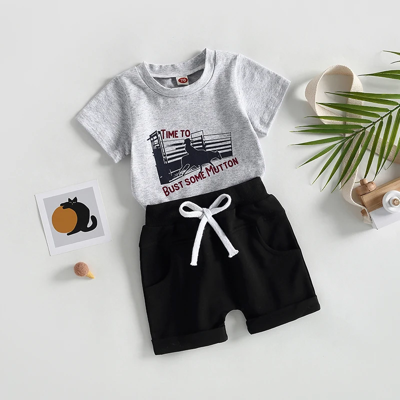 Conjunto de 2 piezas de verano para bebés, camiseta de manga corta con estampado de letras, pantalones cortos elásticos con dobladillo enrollado