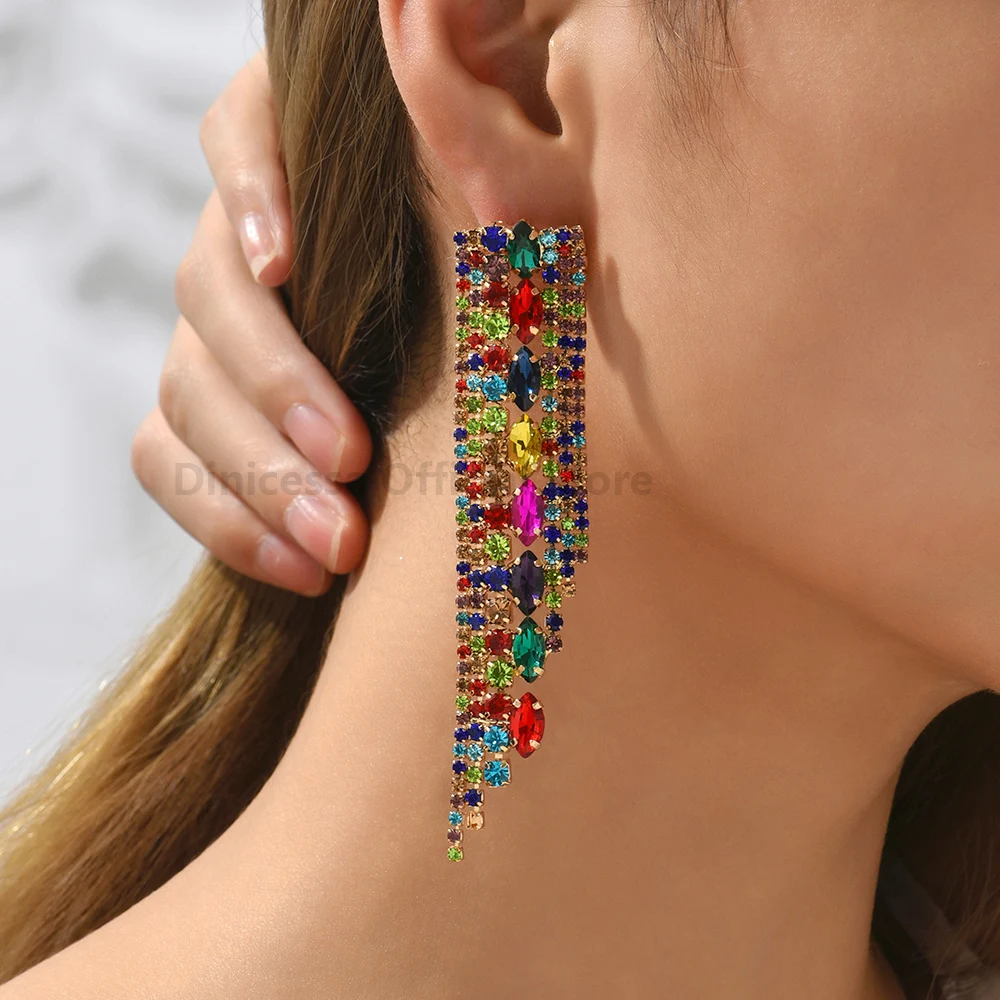 Luxury Brand Geometric Tassel Multicolored Crystal Long Dangle Earrings Boho Fairy Elegant Holiday Vintage Jewelry Accessories image 2