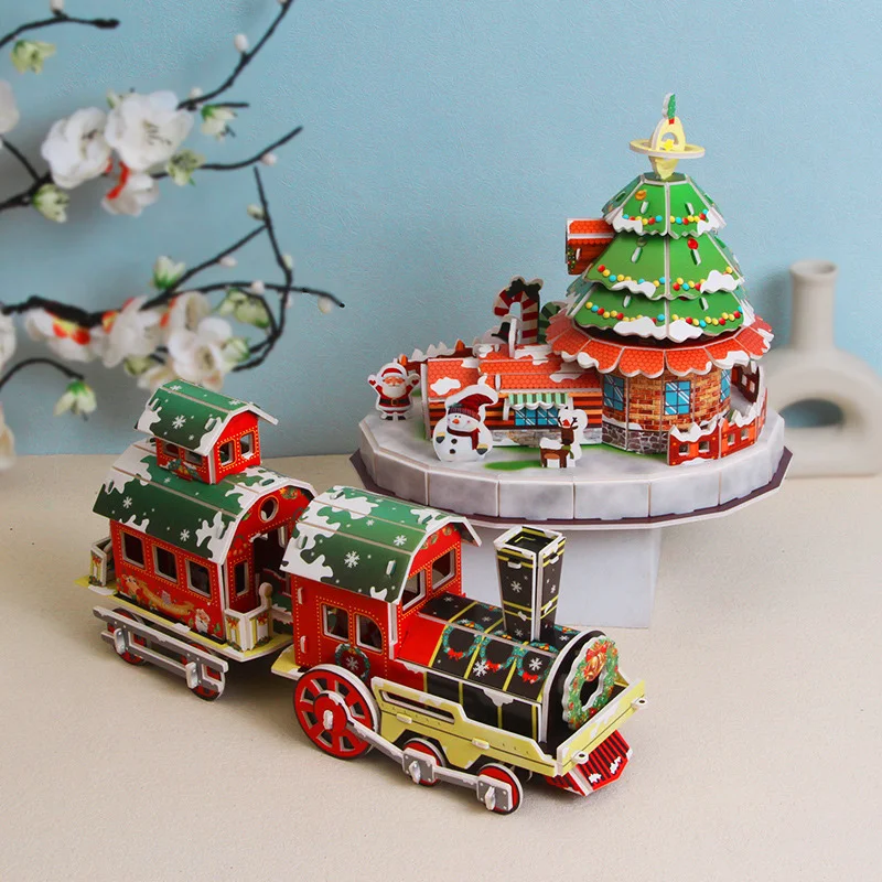 

3D Puzzle Christmas House Train Model Kindergarten Early Educational DIY Handmade Paper Card Jigsaw for Kids Gift XMAS party