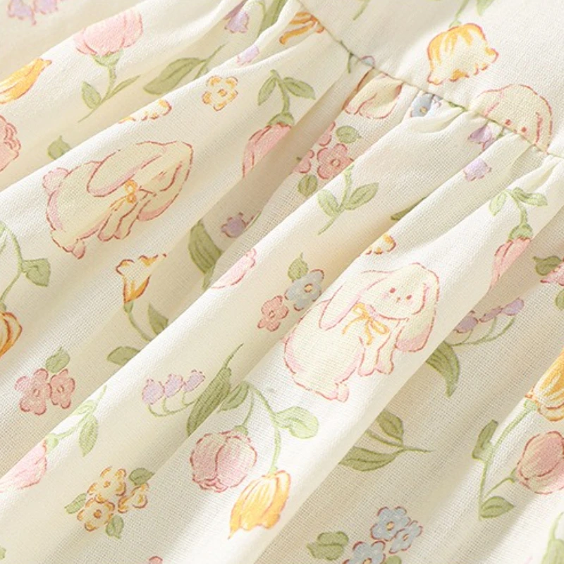 Robe d'automne pour filles, imprimé Floral, avec ourlet à volants, broderie de lapin, manches longues, robes de princesse en coton, tenue mignonne pour tout-petits, 2025