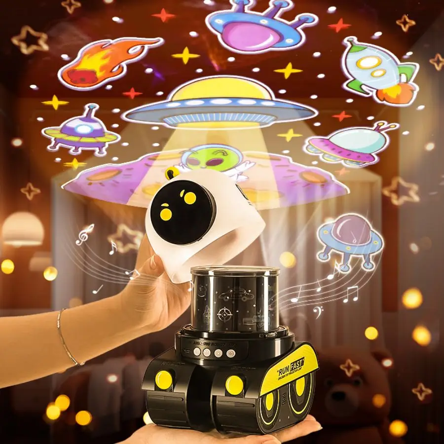 Proyector Robot de luz nocturna con música, lámpara de proyección LED giratoria, cielo estrellado del universo, recargable, regalo para niños