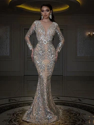 Women Luxury Gilding Sequins Long Dresses V-Neck Long Sleeve Bodycon Fishtail Maxi Dress Summer Lady Elegant Party Evening Dress