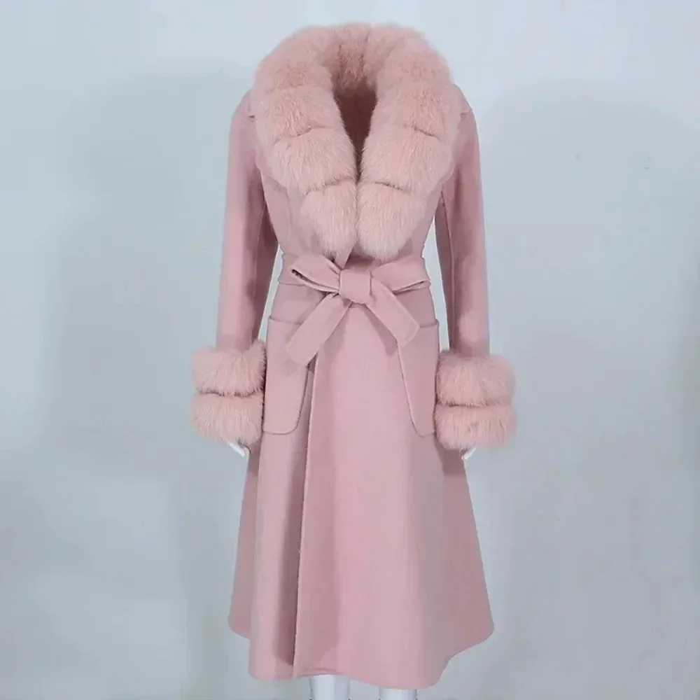 2025 Autumn Winter Women's New Long Fur Coat Removable Oversized Fox Fur Collar Cashmere Wool Coat Wool