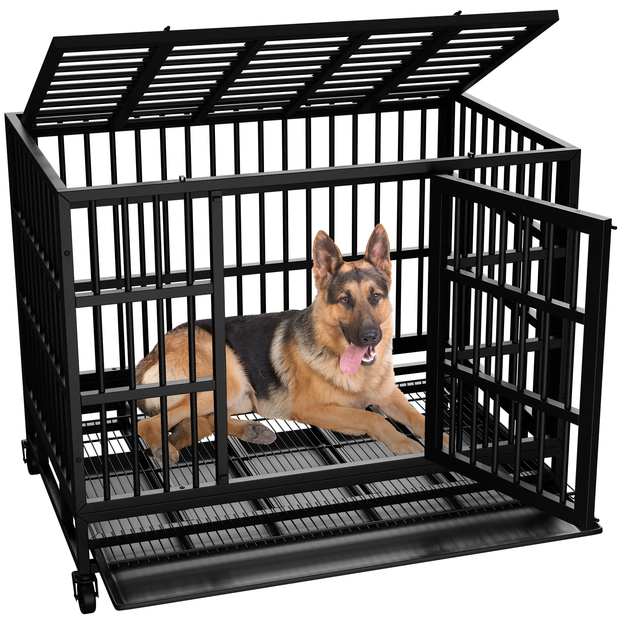 38 Inch Heavy Duty Indestructible Dog Crate, Escape Proof Dog Cage Kennel with Lockable Wheels,High Anxiety Double Door